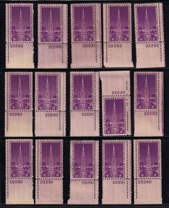 1939 Golden Gate Expo Sc 852 MNH lot 15 singles, all plate numbers present