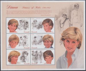 GRENADA Sc #2723a-f MNH SHEET of 6 DIFF PRINCESS DIANA - IN MEMORIUM