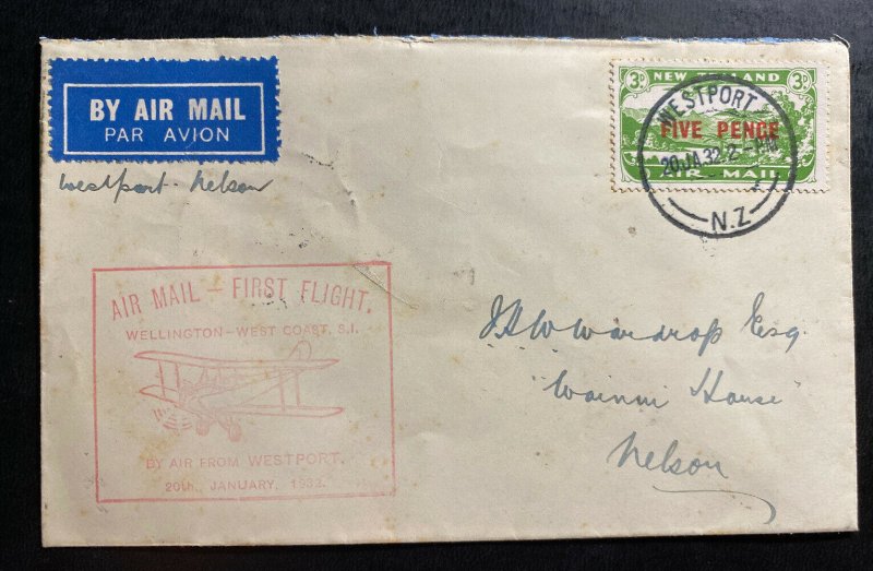 1932 Westport New Zealand First Flight Airmail Cover FFC To Nelson Sc#C4 B 