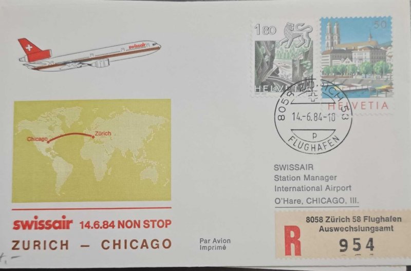 KV)1984 SWITZERLAND, FIRST NON-STOP FLIGHT OF SWISSAIR FROM ZURICH TO CHICAGO