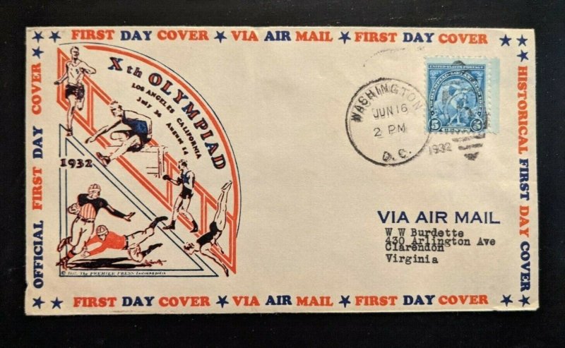 1932 10th Olympic Games FDC Airmail Cover Washington DC to Clarendon Virginia