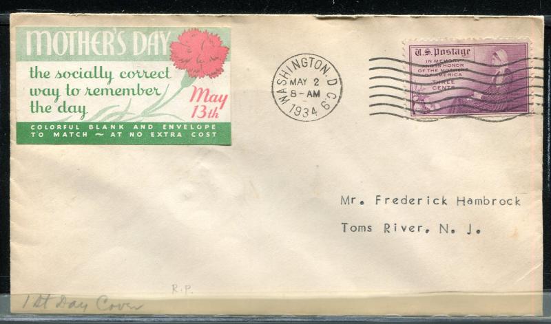 737 Mothers of America - Whistler Label Cachet FDC