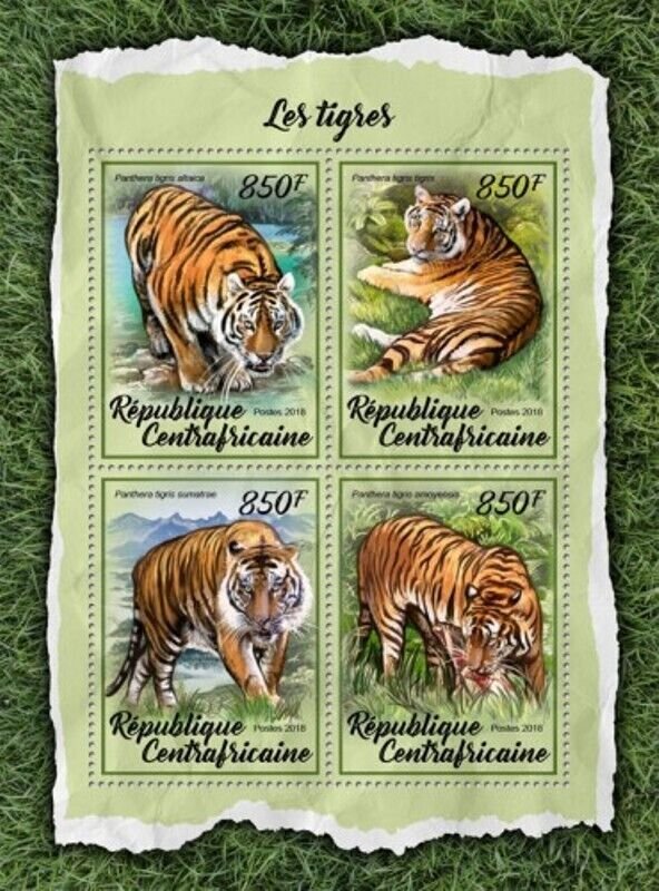 Central Africa - 2017 Tigers on Stamps - 4 Stamp Sheet - CA18010a