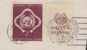 UN 3 (used corner from fdc) 2c “Peace, Justice, Security”, pur (1951)