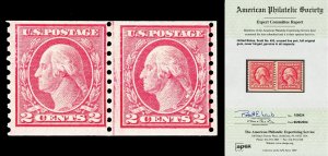 Scott 453 1914 2c Washington Line Pair Mint Fine OG NH Cat $1,450 with APEX CERT