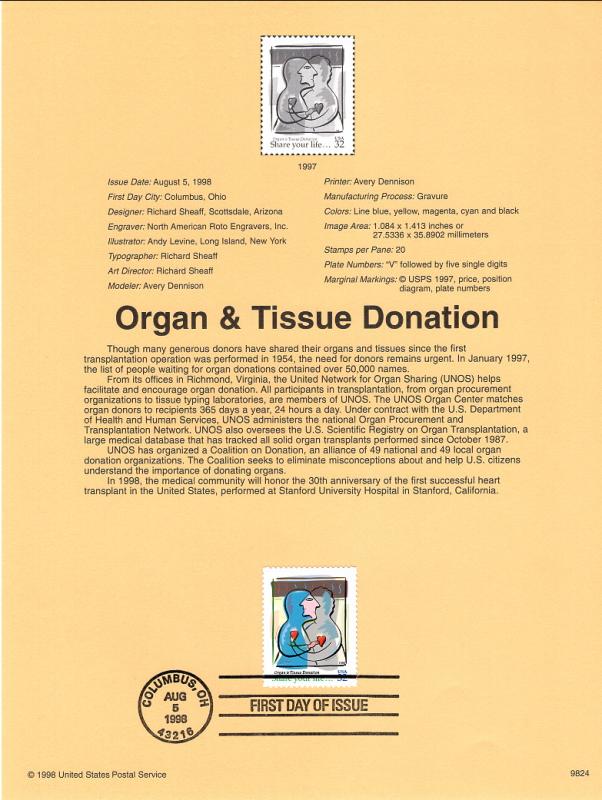 US SP1276 Organ and Tissue Donation 3227 Souvenir Page FDC