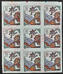 US Scott # 3117; 32c used Ice skaters from 1996; VF; block of 9;die cut