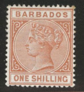 Barbados Scott 67 1sh Victoria MH* 1882 perf 14 CV$32.50