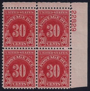 J85 -30c XF-Sup Postage Due Plate# Block of 4 Mint NH