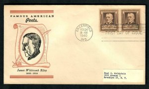 AU114 F.D.C. Scott # 868 1940 Famous Americans Poet J.W. Riley 10 cent pair