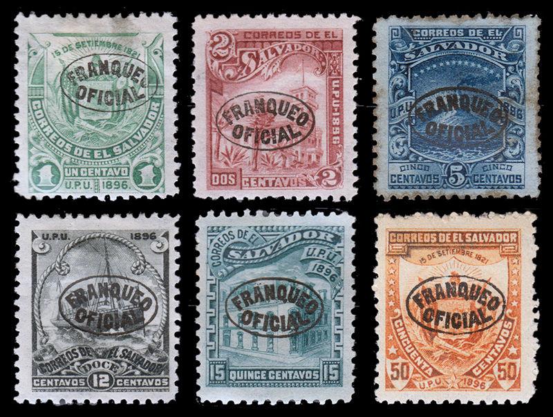 El Salvador Scott O13-14, O16, O18-19, O23 (1896) Mint H G-F-VF, CV $37.75