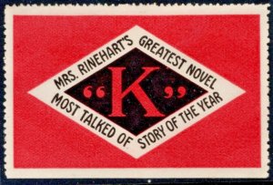 Vintage US Poster Stamp Mrs Rinehart’s Greatest Novel K Most Talked Of Story