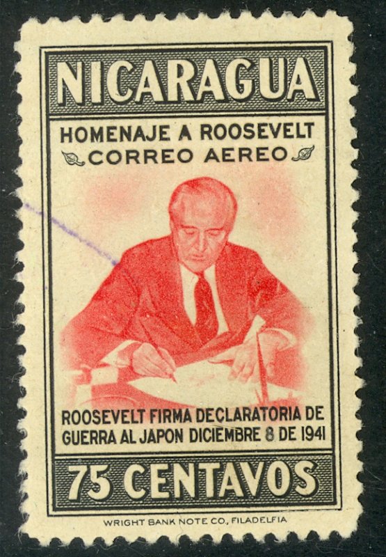 NICARAGUA 1946 75c FRANKLIN D ROOSEVELT Airmail Issue Sc C273 VFU