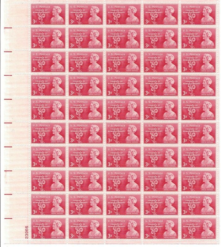 US 977, Plate 23966 BL MNH Sheet of 50. Moina Michael, Founder of Memorial Poppy