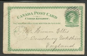 1879 Victoria Brit Col br. ci. on a 2c United Kingdom postal stationery. Hamilto