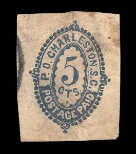 WCstamps: CSA Scott #16X41 / $2750 - 5c Charleston, VF, Used