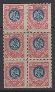 Mexico 1899 20c Rose & Dark Blue Block x 6 MNH. Scott 300