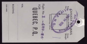 Canada airmail bag tag from Halifax NS Jan26 1958 to Quebec PQ -