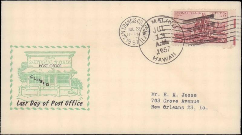 1957 KAI MALINO HAWAII DPO DEAD POST OFFICE WITH LAST DAY CACHET