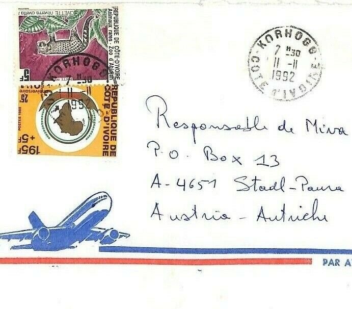 IVORY COAST Airmail Cover *Korhogo* MIVA MISSIONARY Austria 1992 {samwells}CA233