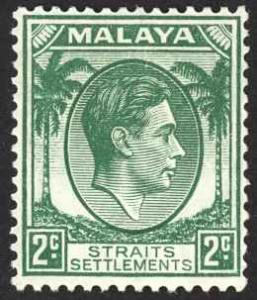 Straits Settlements Sc# 239 MH 1937-1941 2¢ green KGVI 