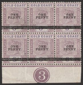 GOLD COAST 1901 'ONE PENNY' on QV 6d block with plate No 3. MNH **.