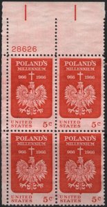 US 1313 (used plate block) 5¢ Poland’s millenium (1966)