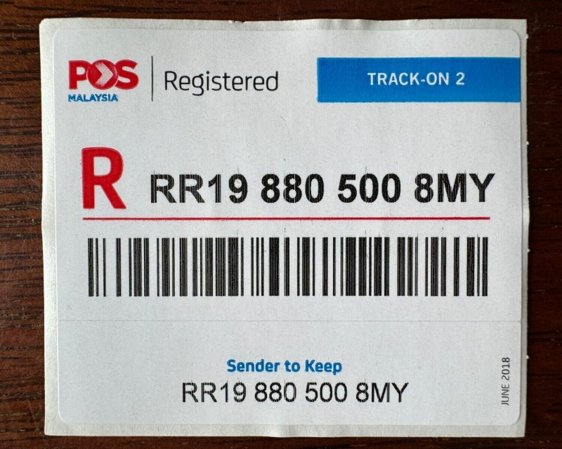 2018 POS MALAYSIA Registered International Track-On 2 Label/Sticker Unused M5354