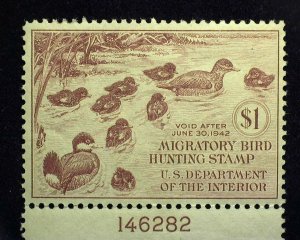 HS&C: Scott #RW8 1 Dollar Hunting Permit. Choice PL# single. Mint Vf/Xf LH Stamp