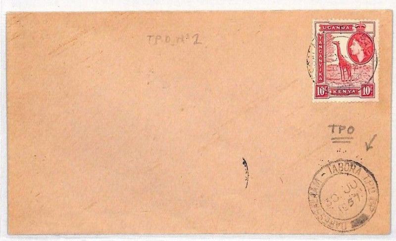 BH175 1957 British KUT TANGANYIKA RAILWAY *Dar-es-Saalam Tabora* TPO CDS Cover 