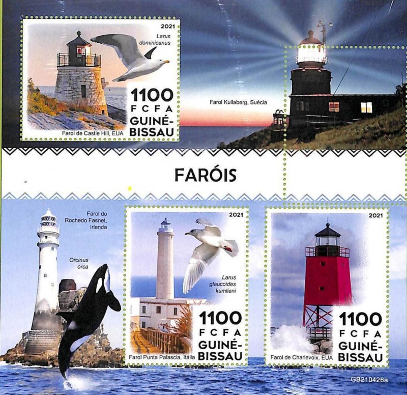 A7809 - Guinea-Bissau - ERROR MISPERF Stamp Sheet - Lighthouses BIRDS Whales