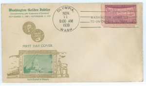US 858 1939 3c Washington statehood 50th anniversary on an unaddressed FDC with an Olympia, WA cancel with a Crosby cancel varie
