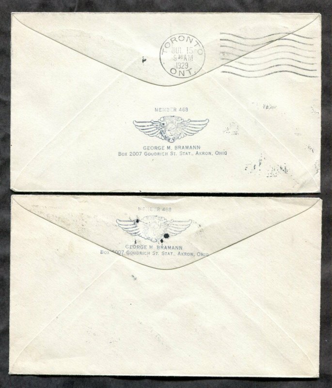 h332 - Canada Lot of (2) First Flight Covers. 1929 HAMILTON to Toronto & Detroit
