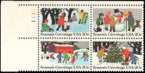 1982 Seasons Greetings Plate Block of 4 20c Postage Stamps, Sc#2027-2030, MNH