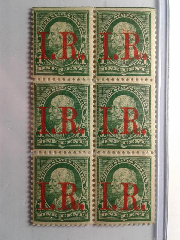 SCOTT # R154 ONE CENT FRANKLIN BLOCK OF 6 GEM WITH INTERNAL REVENUE OVERPRINT !!