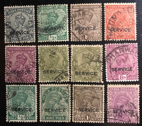 India Scott#O78-O80, O81a, O82, O85-O86, O88, O93-O96 Avg to VF Used  Cat. $2.40