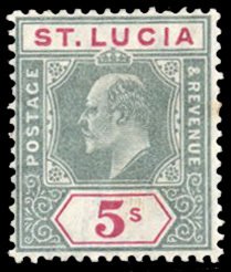 St. Lucia #56 Cat$85, 1905 5sh green and carmine, hinged, faint marginal stain