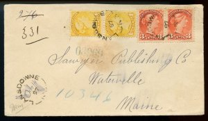?LANSDOWNE, N.B. RARE split ring 1897 Small Queen registered toUSA cover Canada