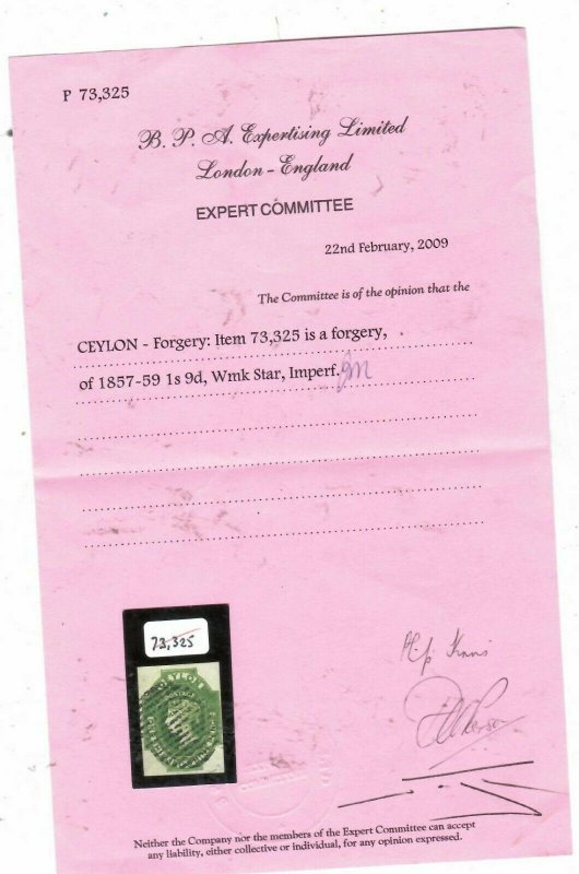 CEYLON (P1812B) QV 1/9 FORGERY BPA CERT NEW TYPE ANTIQUE OVER 100 YEARS OLD