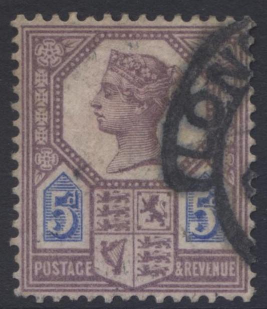 Great Britain -Scott 118- QV Head -1887-FU- Type II-Wmk 30 -Lilac & Bl  5p Stamp