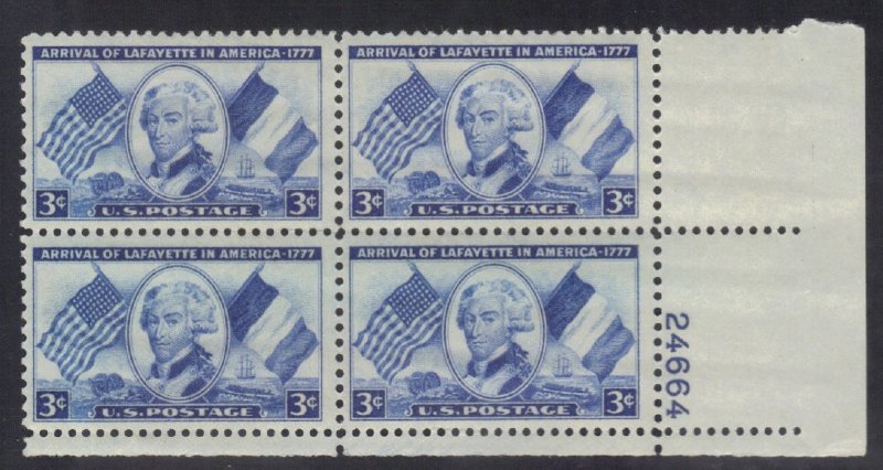 USA  SCOTT #1010  MNH 1952  3c PB of 4  ARRIVAL OF LAFAYETTE  SEE SCAN