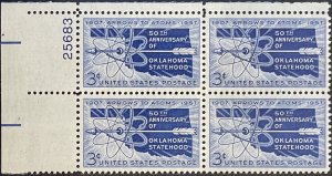 Scott #1092 1957 3¢ Oklahoma Statehood MNH OG plate block of 4