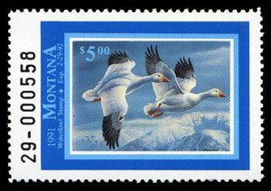 United States, Duck Hunting - State #MT39 Cat$10, Montana, 1991 $5 Snow Geese...