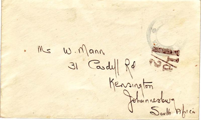 Tristan Da Cunha Tristan Da Chuna c1940 Cachet Type VII with hs 1 1/2d to Joh...