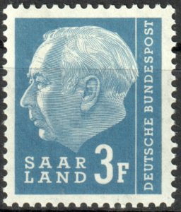 Saar #290  Unused - 3fr Pres. Theodore Heuss (1957)