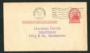 1918 US Postal Card Sacramento CA Herman Davis Optician Glasses Complaint 2c Red