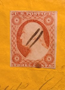 1851 used orange brown imperf 3c TYII Washington on yellow cover SC10A