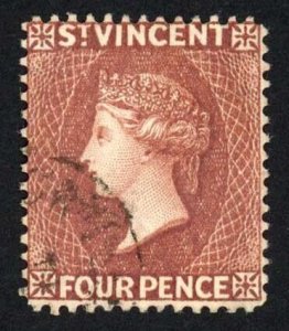 St Vincent SG50 4d Red-brown Wmk Crown CA Fine used Cat 22 Pounds