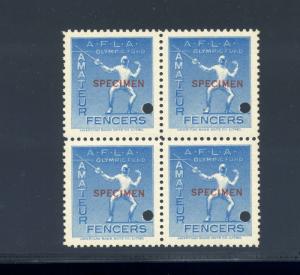 AMERICAN AMATEUR FENCER LEAGUE SPECIMEN BLOCK OF 4  POSTER STAMPS (L1050) AFLA