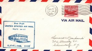 FIRST FLIGHT U.S. AIR MAIL ROUTE AM 97 FROM CLEVELAND OHIO - NEWARK N.J. 1953